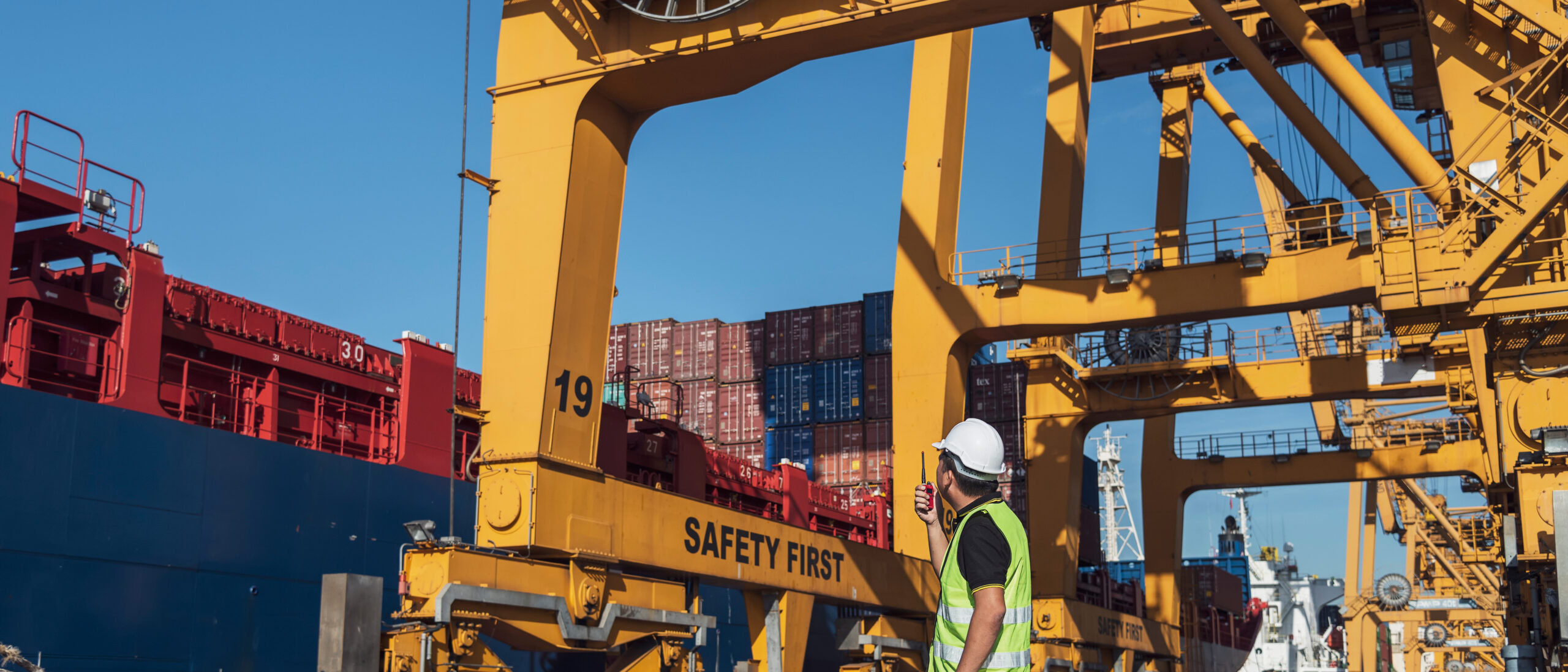 Dry dock health and safety officer monitoring crane operations